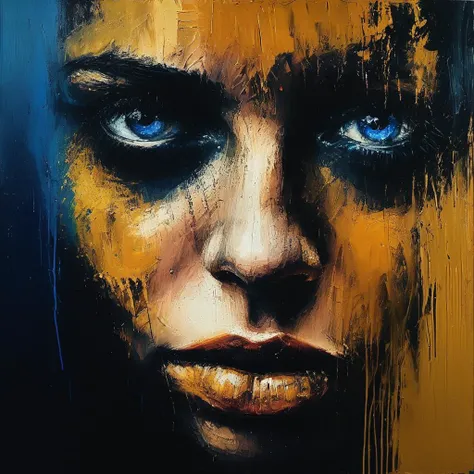 impactful paint of blonde woman with blue eyes <lora:Disturbia:0.7>, highly detailed, 8k, sharp, professional, clear, high contrast, high saturated, , vivid deep blacks, crystal clear