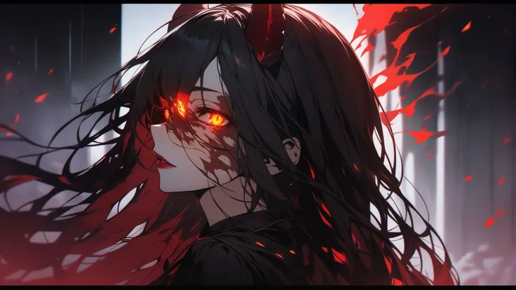 dark portrait of a face of a demon girl, (profile), flowing hair, black hair, demon horns, red lips, looking at viewer, slit pupils, red eyes, detailed iris, detailed eyes, ((glowing eyes)), burn injury glowing red on her face, flaming eye, made of ([red and black]:1.3) colors,highly detailed, 8k, sharp, professional, clear, high contrast, high saturated, , vivid deep blacks, crystal clear, (focus eyes:1.5), (glowing flying ember on the background:1.3), <lora:Disturbia:0.7>, masterpiece, best quality