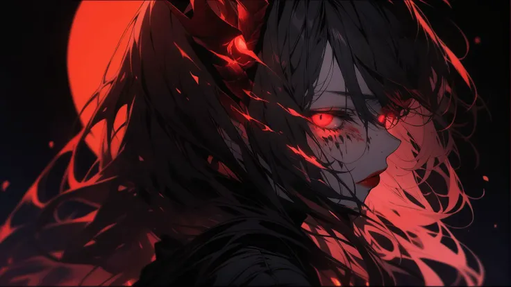 dark portrait of a face of a demon girl, (profile), flowing hair, black hair, demon horns, red lips, looking at viewer, slit pupils, red eyes, detailed iris, detailed eyes, ((glowing eyes)), burn injury glowing red on her face, flaming eye, made of ([red and black]:1.3) colors,highly detailed, 8k, sharp, professional, clear, high contrast, high saturated, , vivid deep blacks, crystal clear, (focus eyes:1.5), (glowing flying ember on the background:1.3), simple background, blurry background, <lora:Disturbia:0.7:INS>, masterpiece, best quality