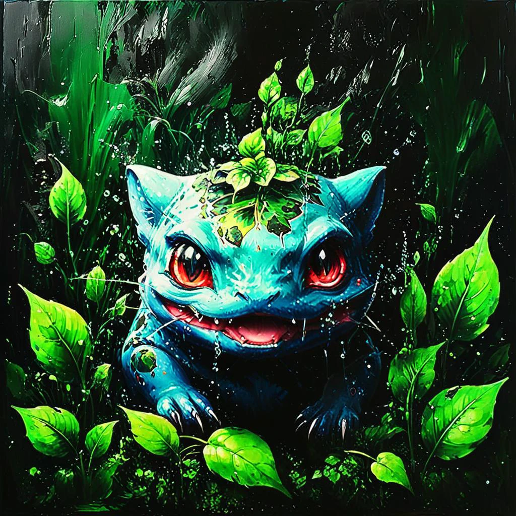 impactful paint of closeup portrait of Bulbasaur, water, green lush plants, vines <lora:Disturbia:0.7>, highly detailed, 8k, sharp, professional, clear, high contrast, high saturated, , vivid deep blacks, crystal clear