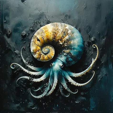 impactful paint of closeup portrait of Omanyte helix fossil, cephalopod mollusk It has a sky blue body with ten tentacles and a pale yellow, helix-spiraled shell on its back, eminating greatness and strenght <lora:Disturbia:0.7>,    highly detailed,   8k,   sharp,  professional, clear,   high contrast, high saturated, vivid deep blacks, crystal clear