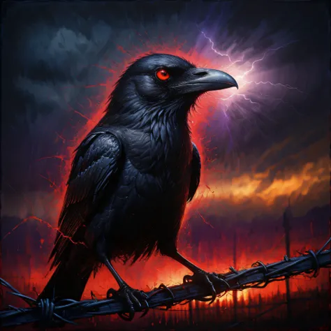 a raven sits on a barbed wire fence, open beak, red glowing eyes, detailed skin, detailed eyes, small lights in the background, lightning in the sky, drawing, dramatic lighting, vibrant colors, Intricate, highly detailed, high quality, centered, ultra hd, sharp focus