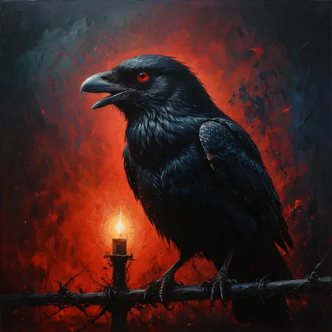a raven sits on a barbed wire fence, open beak, red glowing eyes, detailed skin, detailed eyes, small lights in the background, lightning in the sky, drawing, dramatic lighting, vibrant colors, Intricate, highly detailed, high quality, centered, ultra hd, sharp focus