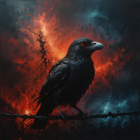 a raven sits on a barbed wire fence, red glowing eyes, detailed skin, detailed eyes, small lights in the background, (lightning in the sky:1.5), dystopian landscape, drawing, dramatic lighting, vibrant colors, Intricate, highly detailed, high quality, centered, ultra hd, sharp focus
