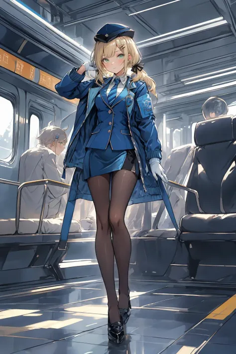 1girl, solo, emilia krt, green eyes, blonde hair, antenna hair, bangs, hair ornament, hairclip,short hair, hair over shoulder,low twintails, hair ribbon, black ribbon, medium breasts,
hat, blue uniform, long sleeves, (blue jacket:1.6), blazer, blue necktie, striped necktie, diagonal-striped necktie, armband, white gloves, blue skirt, pencil skirt, miniskirt, black pantyhose, black footwear, high heels, white line,(station),train,
<lora:emilia_krt_girls:0.25>
