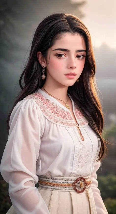 photo of (S386_MadalenaAragao:0.99), detailed facial features, detailed eyes, detailed lips, (detailed teeth:0.8), detailed nose, (blush:1.4), textured skin, slim figure, small waist, (anatomically correct proportions:1.3), (photorealistic:1.3), (8k, high quality, shot on Fujifilm X-T4, 1/200, f16, ISO 1250), <lora:epiCRealismHelper:0.99>, <lora:Detail Slider V2 By Stable :0.4>,<lora:picxer_real:0.0>, earrings, jewelry, necklace, (wearing a detailed intricate traditional Portuguese blouse:1.3), 1900s style, evening sunset, (fog:1.2), (haze:1.2)