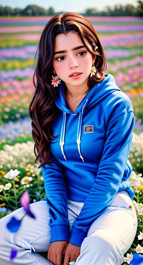 photo of (S386_MadalenaAragao:0.99), detailed eyes, detailed lips, (blush:1.4), textured skin, slim figure, small waist, (photorealistic:1.3), (8k, high quality, shot on Fujifilm X-T4, 1/200, f16, ISO 1250), <lora:epiCRealismHelper:0.99>, <lora:Detail Slider V2 By Stable :0.4>, <lora:picxer_real:0.0>, <lora:breastsizeslideroffset:0.3>, huge breasts, earrings, jewelry, wearing a detailed intricate (blue hoodie:1.4), (white pants:1.3), sitting on a rock, <lora:flofield-10:0.7> (flower field:1.5), (colorful flower petals:1.3), <lora:Vivid-I:0.6>