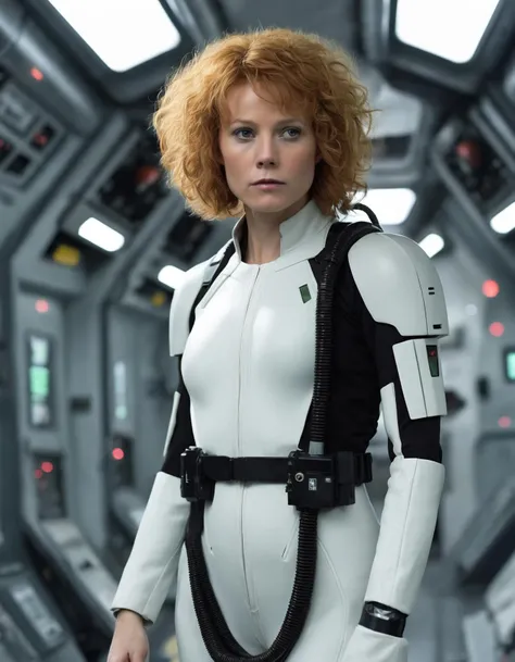 cinematic photo (full height:1.3), a beautiful (((ohwx woman))) As Ellen Ripley from the Alien series, dressed in her iconic white and gray jumpsuit, her short hair framing her face, embodying the essence of a strong and resourceful survivor. She navigates the dark, claustrophobic corridors of the spaceship Nostromo, flame thrower in hand, ready to face the Xenomorphs that lurk within., inspired by Krenz Cushart, neoism, kawacy, wlop, gits anime,A large, spherical afro puff secured at the crown, with the sides of the head intricately designed with razor patterns., <lora:gwyneth_lora_sdxl_v1-000008:1> . 35mm photograph, film, bokeh, professional, 4k, highly detailed