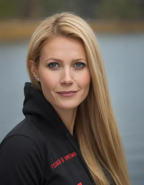 jewish woman, full weight body, blonde long wavy hair, short neck, straight focus, outdoor outfit jacket, close up portrait, in front of Indonesia flag