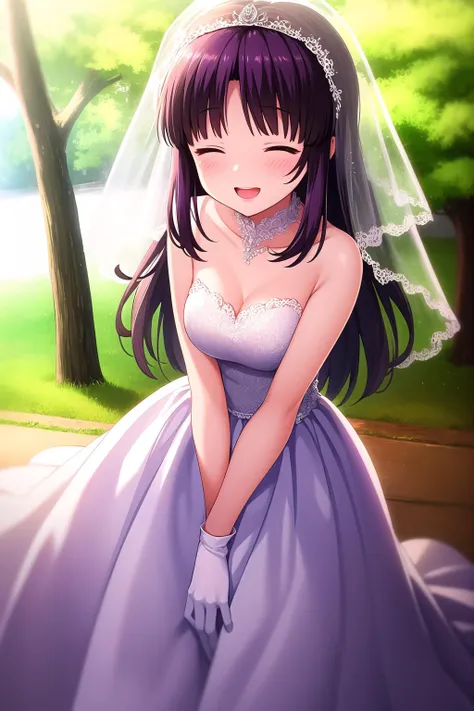 (masterpiece, best quality), highly detailed background, perfect lightingbest quality, nanamishiki, solo, outdoors, nature, bridal veil, purple hair, parted bangs, blunt bangs, wavy hair, long hair, closed eyes, medium breasts, wedding dress, white dress, white gloves, frilled skirt, smile, open mouth, ^o^, pink lips, <lora:Nanami-Shiki:0.7>