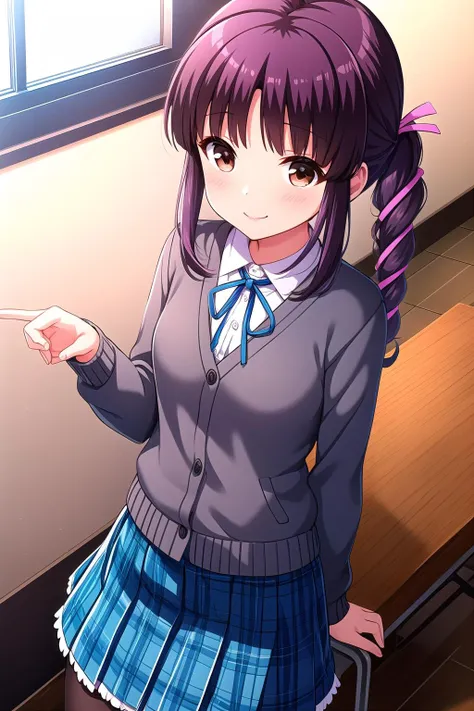 (masterpiece, best quality), highly detailed background, perfect lightingbest quality, nanamishiki, solo, indoors, classroom, purple hair, braided ponytail, side ponytail, hair ribbon, pink ribbon, parted bangs, blunt bangs, long hair, brown eyes, small breasts, grey cardigan, neck ribbon, blue ribbon, white shirt, long sleeves, blue skirt, plaid skirt, black pantyhose, school uniform, smile, closed mouth, :), pink lips, <lora:Nanami-Shiki:0.7>