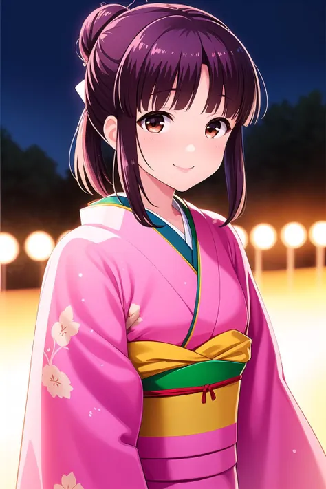 (masterpiece, best quality), highly detailed background, perfect lightingbest quality, nanamishiki, solo, outdoors, night, summer festival, purple hair, hair bun, blunt bangs, short hair, brown eyes, small breasts, pink kimono, florl print, japanese clothes, smile, closed mouth, :), pink lips, <lora:Nanami-Shiki:0.7>