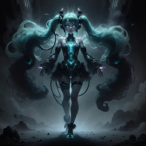 <lora:AbyssalTech-20:1>,abyssaltech , dark energy, ethereal, dissolving, see-through,
1girl, hatsune miku, tattoos, glowing tattoos, nude, glowing eyes, colored glowing hair , full body,