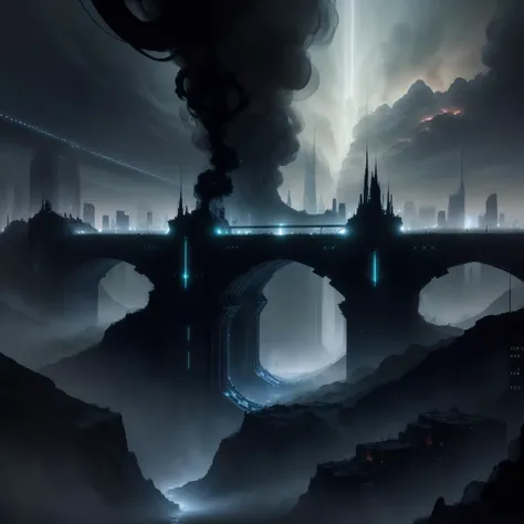 <lora:AbyssalTech-20:0.8>,abyssaltech , scifi,
dark energy, ethereal, dissolving, see-through ,abyss,
city, bridge, river