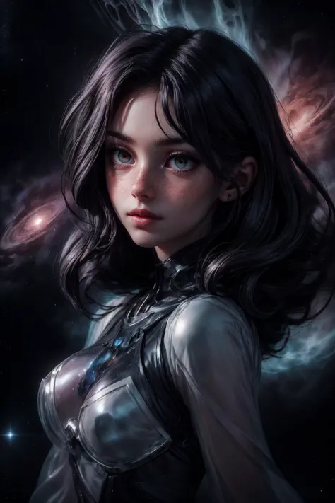 (masterpiece, best quality), aesthetic illustration, <lora:add_detail:1>, <lora:anime3d:0.75>, <lora:3DMM_V12:0.25>, 3DMM,
1 girl, adult (elven:0.7) woman, freckles, amber eyes, auburn long hair,
solo, half shot, looking at viewer, detailed background, detailed face, (<lora:AbyssalTech:0.7>, dark energy, dissolving, see-through, abyssaltech theme:1.1) planewalker, star sign, at peace, mysterious, scorpio, patterns, celestial power, galaxies, bright colorful lights, glow, weightlessness, stardust, backlighting, cosmic space background, dreamlike esoteric atmosphere,