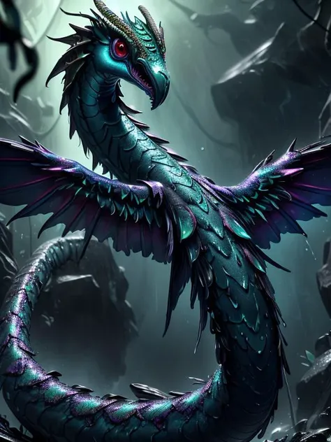 (UHD:1.1), (detailed background visible:1.2),
close up of (cute:0.90) wet (winged snake)(quetzalcoatl), wet scales, colorful wings,,
<lora:AbyssalTech:0.60> abyssaltech , dark energy, ethereal, dissolving, see-through, abyss,
(Style: subsurface scattering, (pui), analog style, realistic, film photography, highres photo, cinematic Lighting, trending on artstation),(Photorealistic:1.2),
(detailed), sharp, HDR, high quality, good resolution, maximalist, masterpiece,