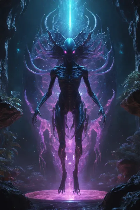 digital rendering <lora:epi_noiseoffset2:0.8> <lora:AbyssalTech-20:0.8> abyssaltech , dark energy, ethereal, dissolving, see-through, abyss al creature, alien glyphs, intricate RPG hex aesthetic, 8k UHD, Vibrant color, trending on artstation