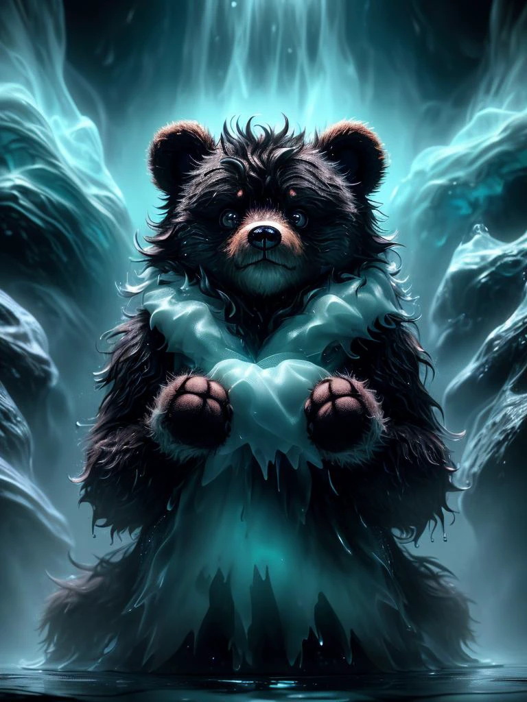 (UHD:1.1), (detailed background visible:1.2),
close up of (cute:0.90) wet teddy bear, wet fur,,
<lora:AbyssalTech:0.70> abyssaltech , dark energy, ethereal, dissolving, see-through, abyss,
(Style: subsurface scattering, (pui), analog style, realistic, film photography, highres photo, cinematic Lighting, trending on artstation),(Photorealistic:1.2),
(detailed), sharp, HDR, high quality, good resolution, maximalist, masterpiece,