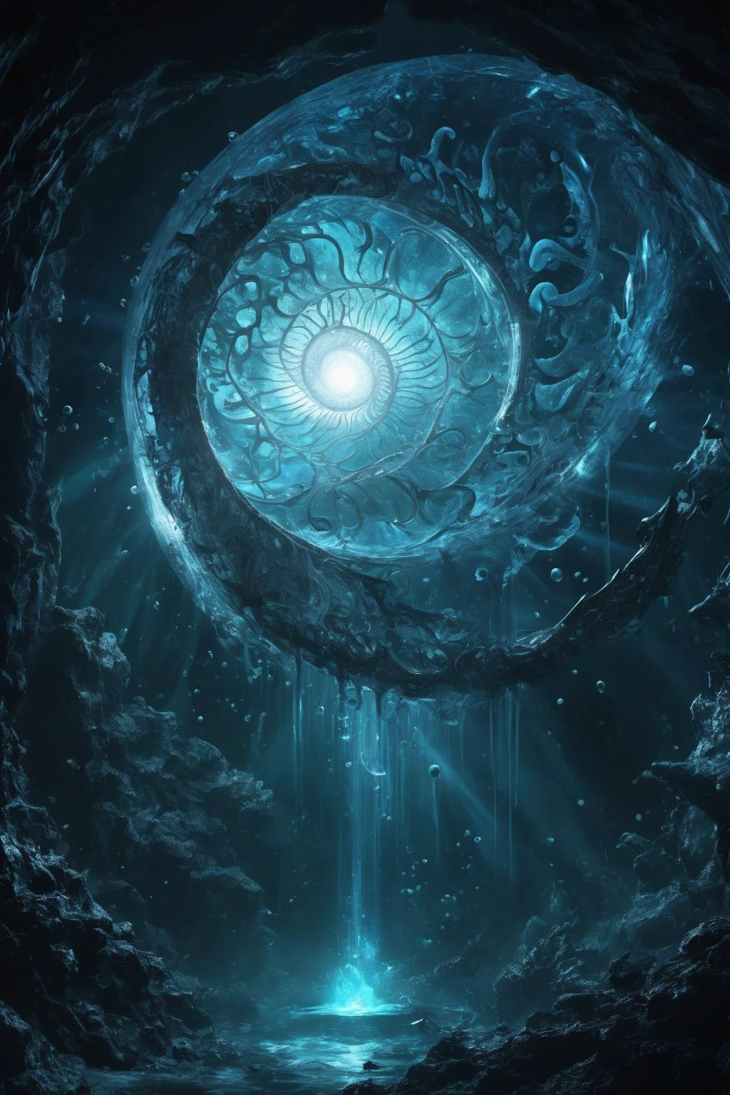 digital rendering <lora:epi_noiseoffset2:0.8> <lora:AbyssalTech-20:0.8> abyssaltech , dark energy, ethereal, dissolving, see-through, abyss al, nautilus, trending on artstation, masterpiece, high contrast