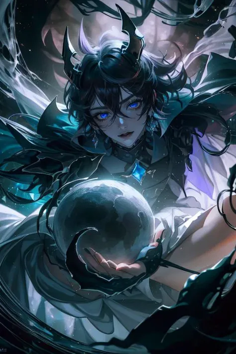 concept art, (1boy, (masterpiece, top quality, best quality, official art, beautiful and aesthetic:1.2), <lora:tool_addDetail:0.6>, orange hair, eyelashes, short hair, blue eyes, <lora:Tartaglia:0.9>, <lora:au_d_elete_offset:0.9>, au \(d elete\), god, white dress, white cloak, gold jewelry, cloak made of fabric in a starry color, jewelry on hands and feet, demon horns, (many eyes:1.3), background, gloomy sky, flying, (intricate details:0.9), hyperdetailed, complex background, style-swirlmagic, violet glowing aura, abyssaltech , dark energy, ethereal, dissolving, see-through, abyss, <lora:AbyssalTech:1>, <lora:acid_fluid_lora:0.2>:1.1), digital artwork, illustrative, painterly, matte painting, highly detailed
