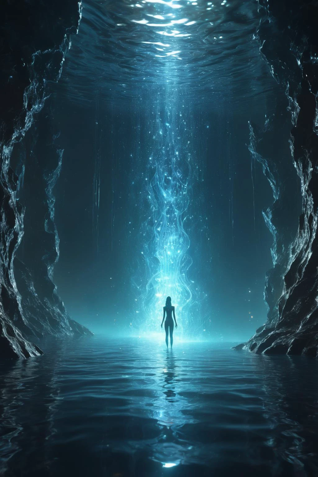 digital rendering <lora:epi_noiseoffset2:0.8> <lora:AbyssalTech-20:0.8> abyssaltech , dark energy, ethereal, dissolving, see-through, abyss al-luminous emerges FROM the water, magical energy refractions on surface, holes punched through the floor, 8k, range epic visuals, creative, concept art fantasy