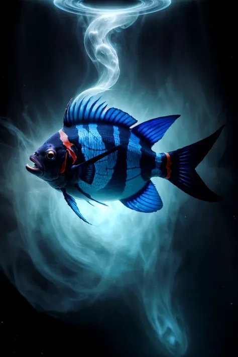 <lora:AbyssalTech-20:0.8>, abyssaltech , scifi, dark energy, ethereal, dissolving, see-through, abyss, Angelfish