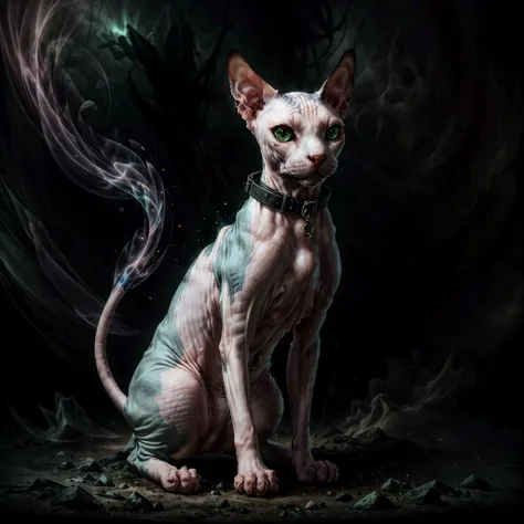 <lora:add_detail:0.8> <lora:AbyssalTech:0.8> (masterpiece, best quality, realistic, detailed), (abyssaltech sphynx cat), undead cat, tattoo, <lora:Sphynx Cat:0.6> full body, white skin, wearing a collar, backlighting, green light, very low angle, mist, grim atmosphere, dark energy, dim light, ethereal, see-through, <lora:epi_noiseoffset2:0.8>