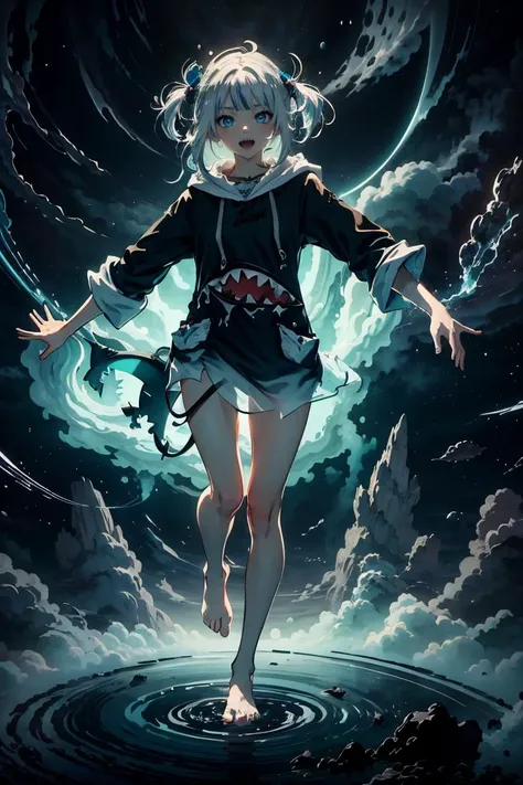 full body, 1girl, solo, gura_hoodie, blue hoodie, two side up, shark hair ornament, sharp teeth, :d, shark tail, barefoot, dynamic pose, ocean <lora:gura-10:1>
<lora:AbyssalTech-20:1.1>, abyssaltech, scifi, dark energy, ethereal, dissolving, see-through, abyss