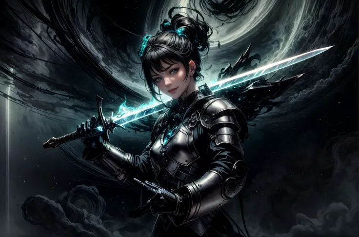 ((best quality, masterpiece)),
1girl, black teal and silver armor, holding a sword, short black hair, castle on background <lora:more_details:0.8>
<lora:AbyssalTech-20:1.1>, abyssaltech, scifi, dark energy, ethereal, dissolving, see-through, abyss