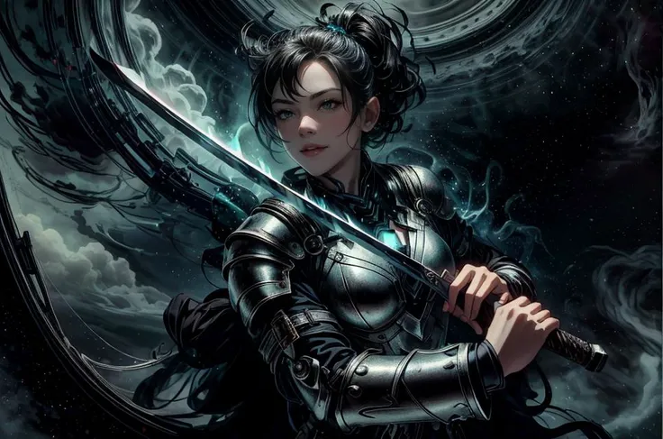 ((best quality, masterpiece)),
1girl, black teal and silver armor, holding a sword, short black hair, castle on background <lora:more_details:0.8>
<lora:AbyssalTech-20:1.1>, abyssaltech, scifi, dark energy, ethereal, dissolving, see-through, abyss