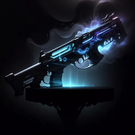 <lora:AbyssalTech-20:0.8>,abyssaltech , scifi,
dark energy, ethereal, dissolving, see-through ,abyss,
rifle on a table, (simple background:1.3)