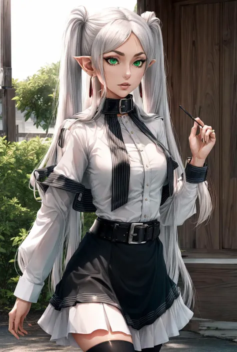 1girl, in full growth, best quality, masterpiece, good quality| <lora:СÑÐ¸Ð»Ñ Cierra:0.9><lora:ФÑиÑен пÑовожаÑÑÐ°Ñ Ð² пÑоледний пÑÑÑ(Frieren, twintails, earrings(Ñм одеждÑ):0.7>,Frieren, twintails, earrings,green eyes, small breasts,white hair,FrierenBase, twintails, earrings, white capelet, (striped shirt,black stripes), white skirt, long sleeves, belt, black pantyhose