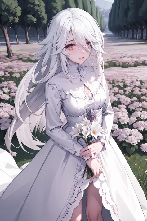 portrait, standing, chiara, white hair, featers, white nightgown, looking at viewer, (flowerfield scenery:1.2), flowers, <lora:ChiaraERLora:0.7>