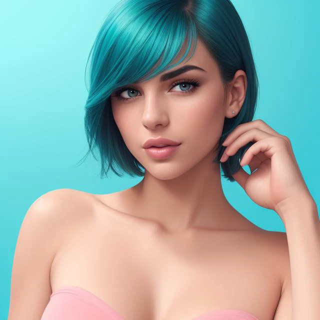 (masterpiece, best quality, highres, photo-referenced:1.1), (1girl), aqua_background, aqua_eyes, aqua_hair, artist_name, bangs, bare_shoulders, blue_background, blue_hair, collarbone, face, gradient, gradient_background, green_background, lips, looking_at_viewer, mascara, nose, parted_lips, realistic, short_hair, solo, pink t-shirt, solo pose, detailed shading on anatomy, detailed highlights anatomy drawing, perfect anatomy, good figure drawing, realistic anime lighting, highly detailed clothing, stylized, aesthetic, stunning background, portrait