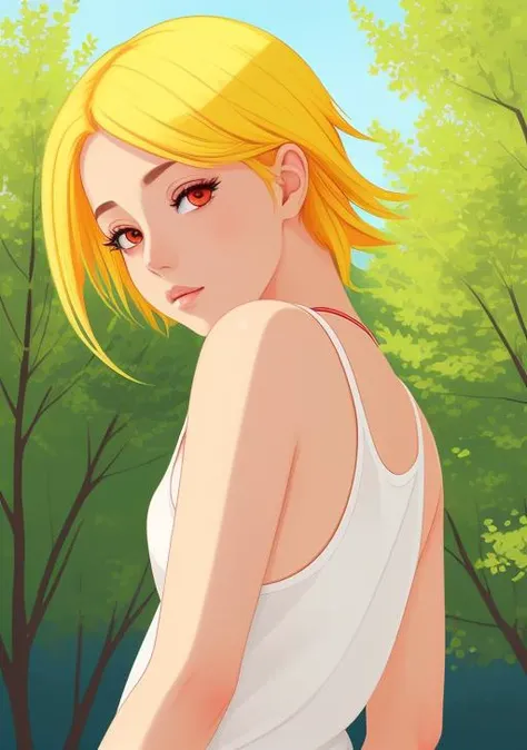 cleanup animation, realistic vector art, (high quality anime girl art painting), summer colors, red eyes, yellow hair color, beautiful anime eyes, intricate detailing using gradient cel shading, high saturation in art, amazing clean line art and coloring, trees in background, tomboy