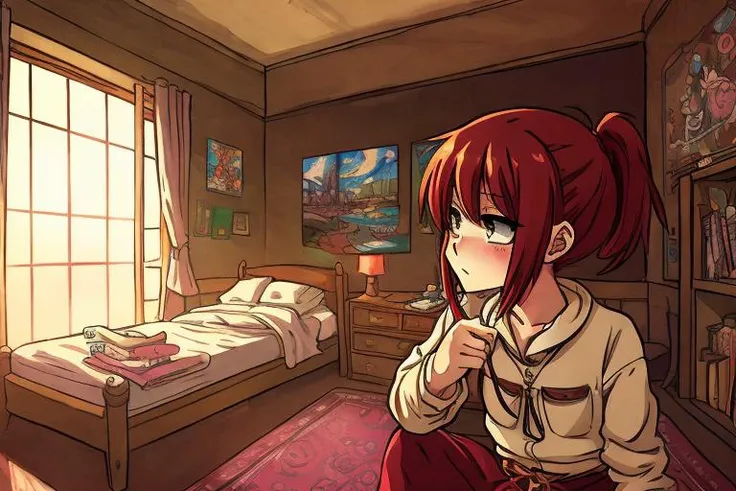 beautiful red haired 1girl, best looking anime style, warm lighting, cartoon painting style, intricate room detail, thick anime lines, a hint of expressionism, (masterpiece, best quality, highres, illustration, ultra detailing:1.1)
