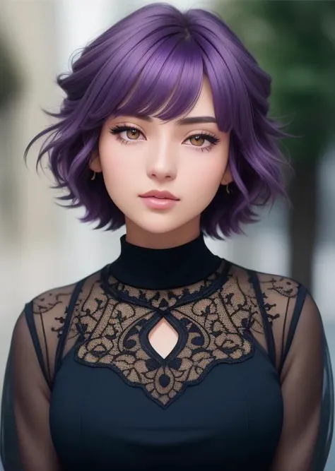 1girl, wild hair, lips, golden eyes, long sleeves, looking at viewer, studio lighting, short hair, solo, bangs, blurry, blurry background, blurry foreground, chromatic aberration, depth of field, eyelashes, hair between eyes, beautiful girl with purple hair detailed eyes, showpiece, realistic highly detailed hair, nearly closed eyes, detailed face shading, highlights on face, hair shading, highlights on hair, (full body portrait), Mamoru Oshii., detailed eyes, perfect face, (anime style) inking, high res, absurd Res, antialiasing, nearest, detailed, highly detailed, centered, symmetry, (full body portrait), intricate, solo, perfect head shape, nice round eyes, (nice body:1.5), (perfect head position:1.3).