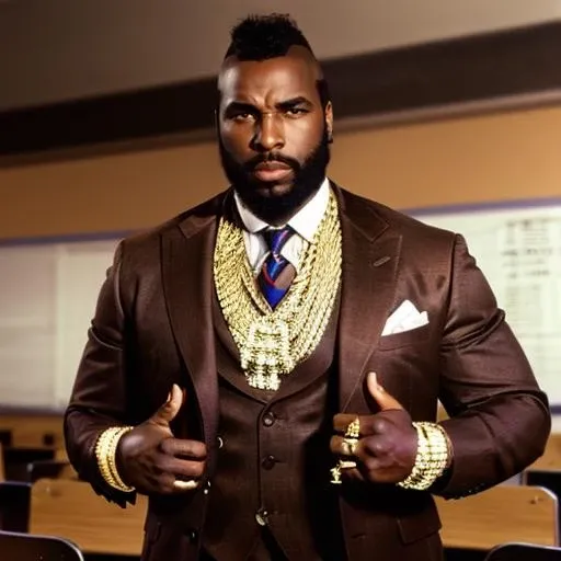 a man in a light brown suit in a classroom, full body, Highly detailed, masterpiece, best quality, photorealistic, <lora:MrTLora:0.8> male focus, realistic, dark skin, facial hair, beard, black hair, manly, mohawk, bracelet, serious