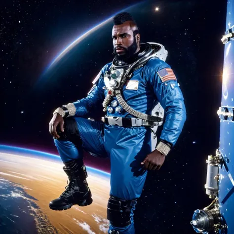 a man spacesuit in space, full body, Highly detailed, masterpiece, best quality, photorealistic, <lora:MrTLora:0.8> male focus, realistic, dark skin, facial hair, beard, black hair, manly, mohawk, bracelet, serious
