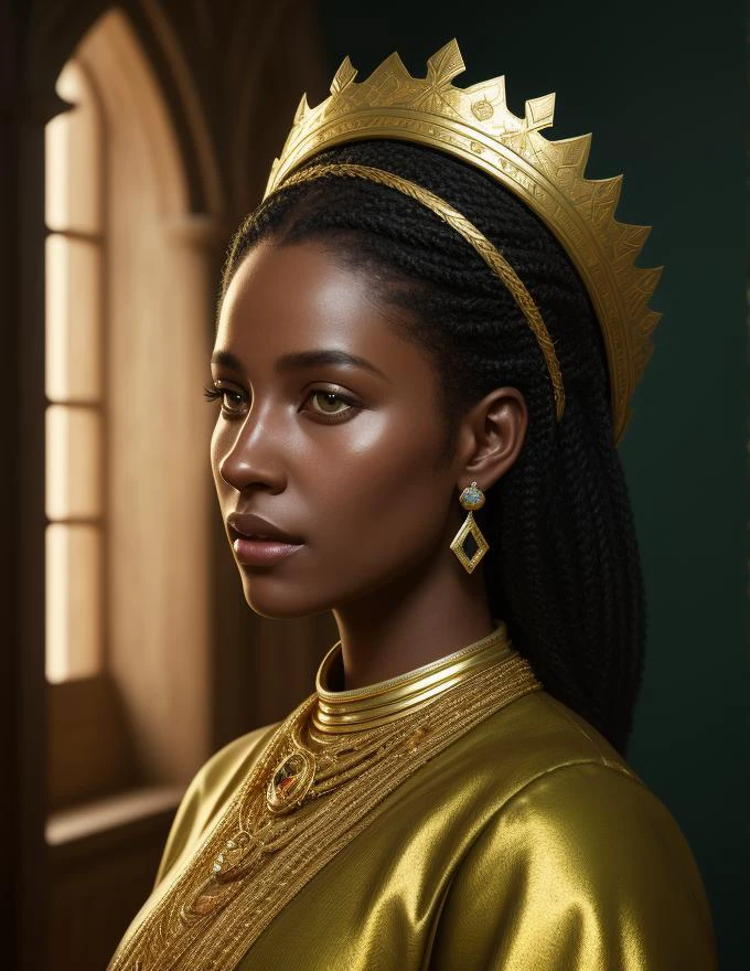modelshoot style, (extremely detailed CG unity 8k wallpaper), full shot body photo of the most beautiful artwork in the world, medieval queen, green vale, dark skin, black woman, dark skin, golden crown, diamonds, medieval architecture, professional majestic oil painting by Ed Blinkey, Atey Ghailan, Studio Ghibli, by Jeremy Mann, Greg Manchess, Antonio Moro, trending on ArtStation, trending on CGSociety, Intricate, High Detail, Sharp focus, dramatic, photorealistic painting art by midjourney and greg rutkowski