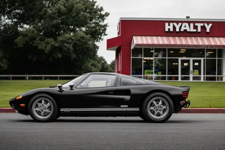 wide shot, side view, black <lora:GT40_MK1:0.9> GT-40, 3/4 dramatic angle, parked in front of a fast food restaurant,
hasselblad, film grain, unity 8k wallpaper, hyper-realistic, sharp focus, high dof, masterpiece, dynamic angle, rule of thirds composition, otherworldly lighting, subsurface scattering, f2, 35mm, bokeh, blur,