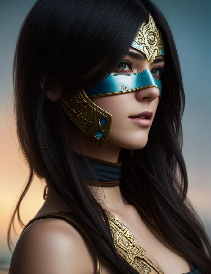 portrait of a cyberpunk masked warrior, half body, d & d, fantasy, intricate, elegant, highly detailed, digital painting, artstation, concept art, art by artgerm and greg rutkowski and alphonse mucha, high detailed skin,skin pores,coastline,overcast weather,wind,waves,8k uhd,dslr,soft lighting,high quality,film grain,Fujifilm XT3,