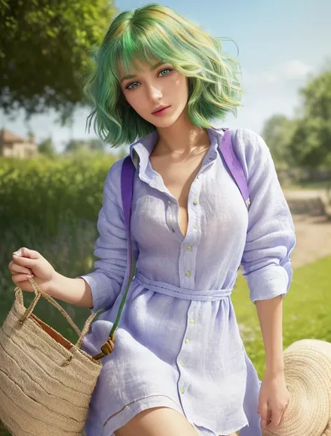 (masterpiece:1.4, best quality), (intricate details), unity 8k wallpaper, ultra detailed, (photorealistic:1.2), beautiful and aesthetic, perfect lighting, (1girl), ((multicolored hair, two-tone hair, very light green hair, blue hair, purple eyes:1.3, medium breasts)), dynamic pose, dynamic angle, lipstick, slim, slim body, (Linen_shirt_dress:1.4),(Straw_crossbody_bag:1.3),(Slip-on_espadrilles:1.2),(Picnic_garden_background:1.4), detailed background, realistic, perfect detailed face, detailed eyes, highly detailed, blush, hair ornament,