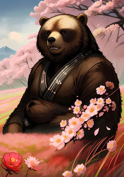 a beautiful portrait of a japanese bear by Greg Rutkowski and Raymond Swanland, Trending on Artstation, ultra realistic digital art a beautiful bear in a flower field, (digital photo:0.43) by jeremy men