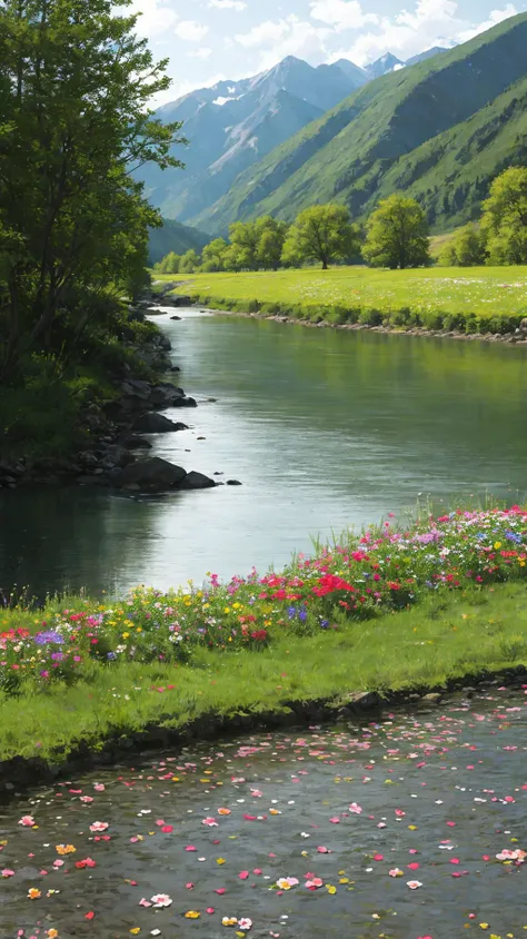 flowers, river, mountains