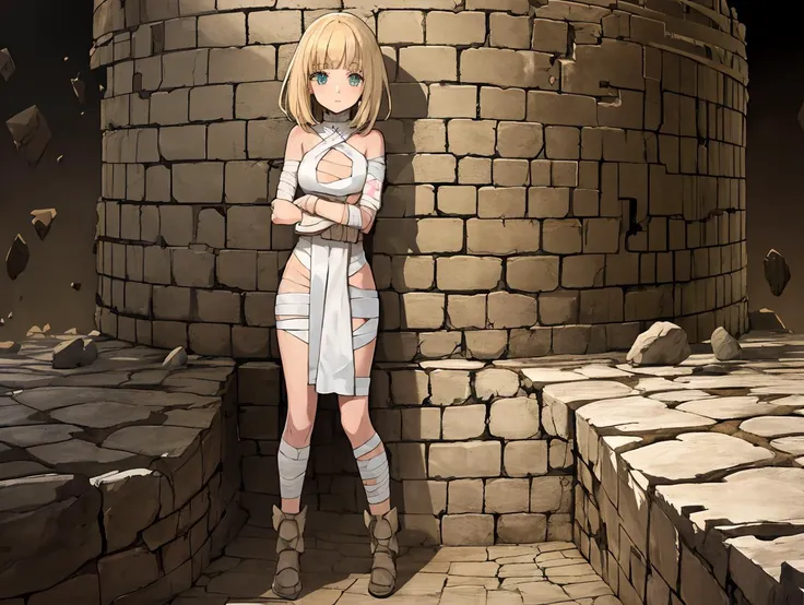 1girl, (desert:1.1), destroyed stone wall, 8k textures, extreme detail, hight detailed skin texture, illustration, cartoon, anime! epic details, high sharpness, naked bandage, bandages, costume
<lora:mummy_costume:0.8>