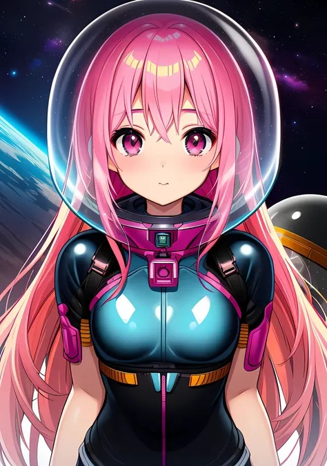 a photo girl small breasts, raw, 8k textures, extreme detail, hight detailed , epic details, astronaut, pink hair, planet earth, space suit,  space  helmet, glass helmet, china