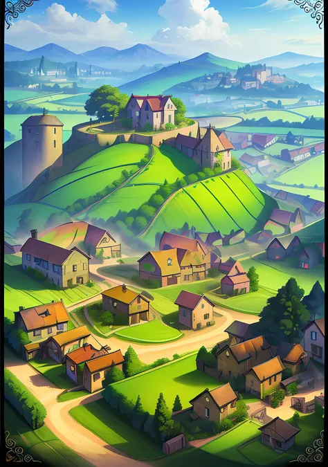 (matte painting:1.37) of a countryside landscape of a village. vibrant, sunny, elaborate, detailed digital art trending in artstation concept art by