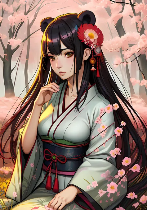 a beautiful portrait of a japanese bear goddess by Greg Rutkowski and Raymond Swanland, Trending on Artstation, ultra realistic digital art a beautiful girl in a flower field, (digital photo:0.43) by jeremy men