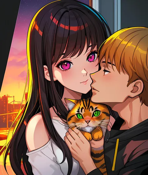 close up, male and girl holding a cat , cheek to cheek,badam hughes,alena aenami